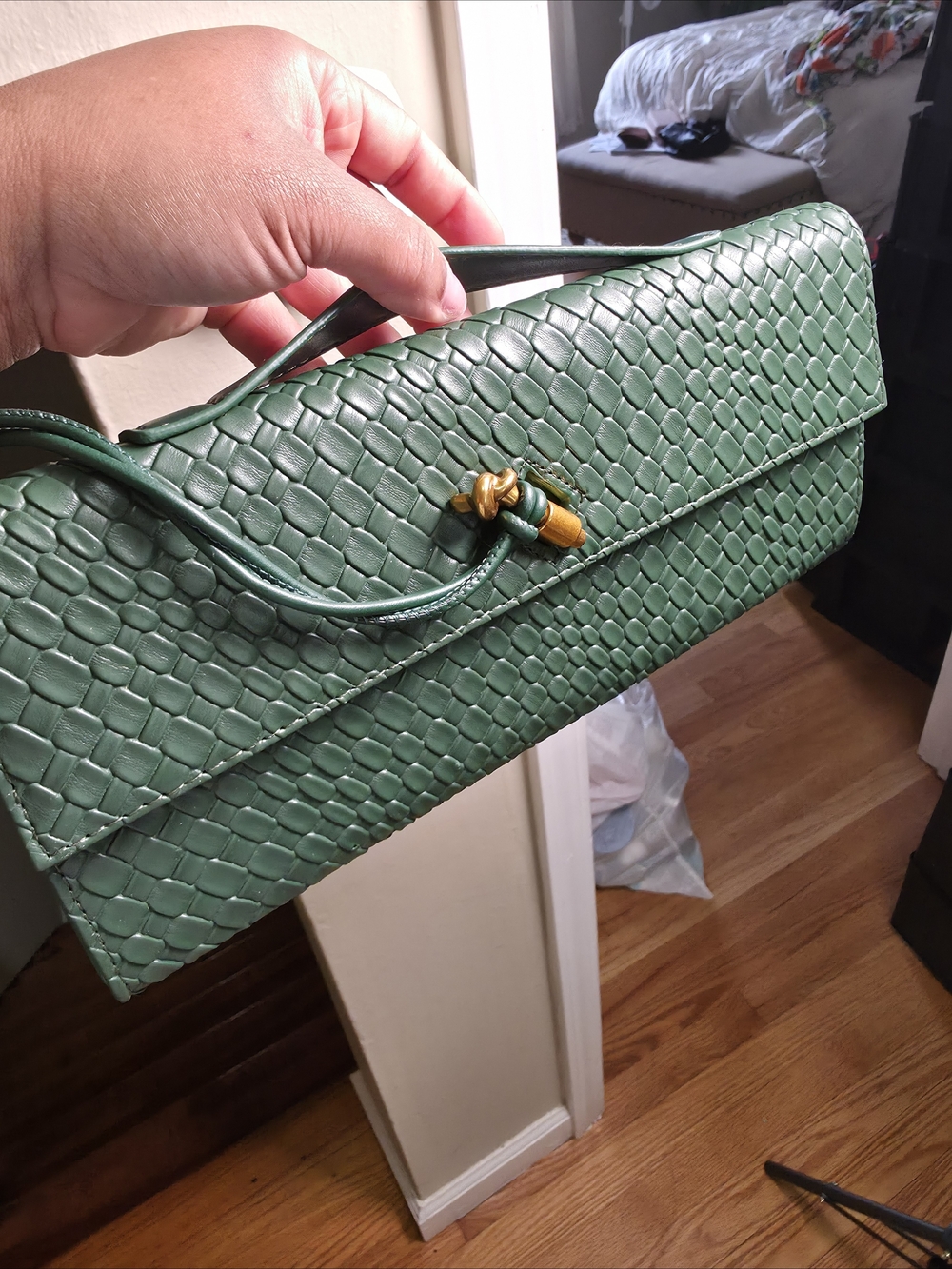 Green Textured Top-Handle Women’s Bag
